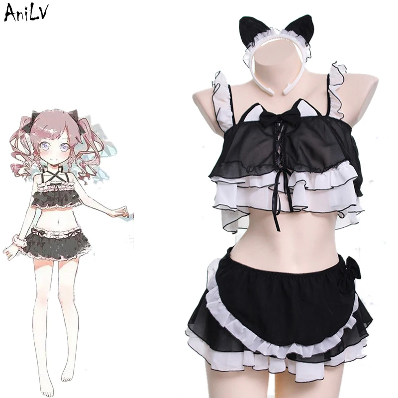 AniLV Anime Lolita Cats Girl Maid Swimsuit Costume Cute Pink Cat Ears Swimwear Uniform Pool Party Cosplay