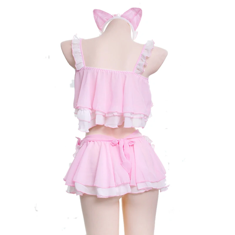 AniLV Anime Lolita Cats Girl Maid Swimsuit Costume Cute Pink Cat Ears Swimwear Uniform Pool Party Cosplay