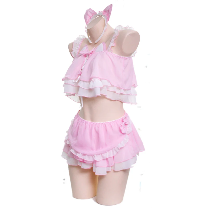 AniLV Anime Lolita Cats Girl Maid Swimsuit Costume Cute Pink Cat Ears Swimwear Uniform Pool Party Cosplay