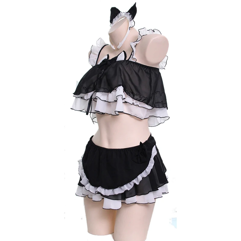 AniLV Anime Lolita Cats Girl Maid Swimsuit Costume Cute Pink Cat Ears Swimwear Uniform Pool Party Cosplay