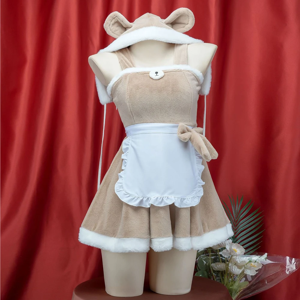 AniLV Kawaii Girl Anime Cute Bear Cape Women Soft Plush Maid Dress Uniform Cosplay Costume Winter Cartoon Nightgown Pajamas