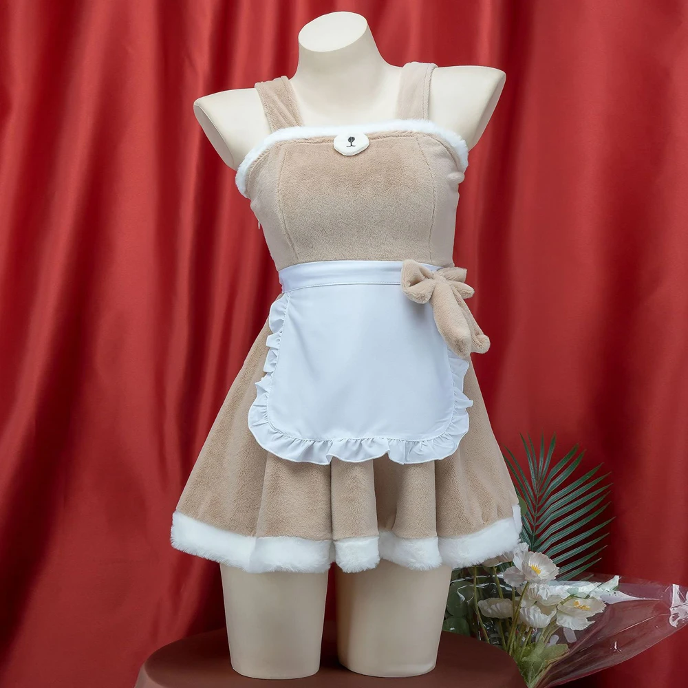 AniLV Kawaii Girl Anime Cute Bear Cape Women Soft Plush Maid Dress Uniform Cosplay Costume Winter Cartoon Nightgown Pajamas