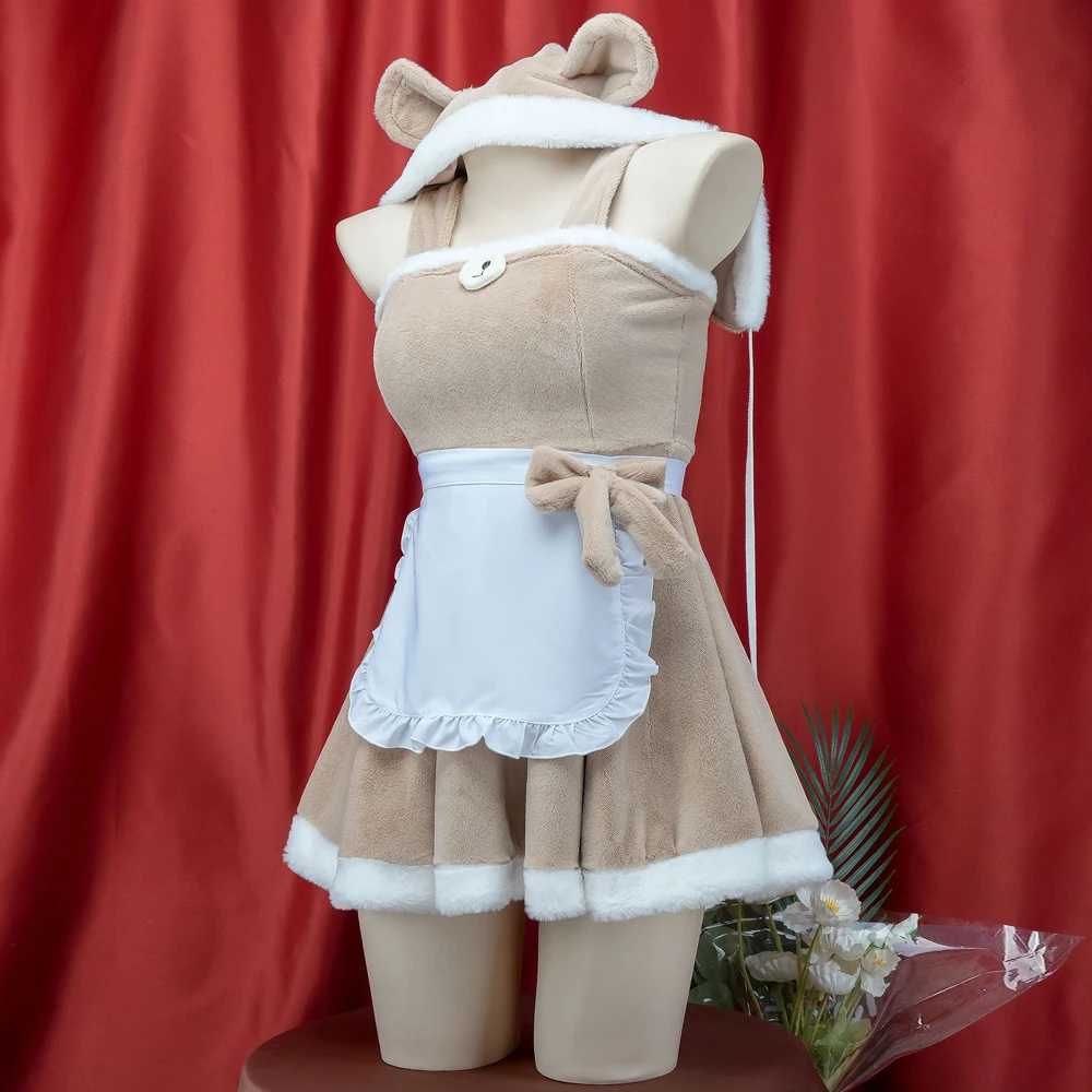 AniLV Kawaii Girl Anime Cute Bear Cape Women Soft Plush Maid Dress Uniform Cosplay Costume Winter Cartoon Nightgown Pajamas