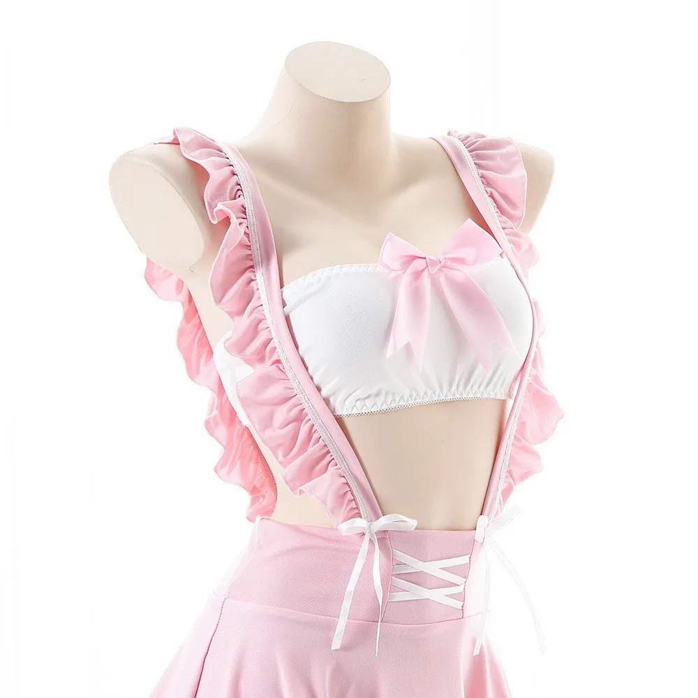 Sexy Lingerie School Girl Babydoll Bow Tube Dress Cosplay JK Costume Student Uniform Miniskirt Women Backless Lolita Ruffle Suit