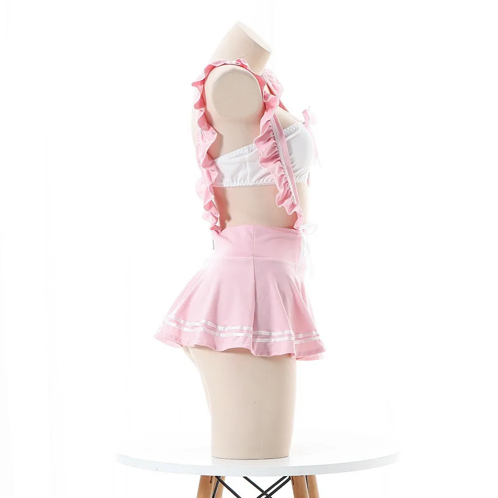 Sexy Lingerie School Girl Babydoll Bow Tube Dress Cosplay JK Costume Student Uniform Miniskirt Women Backless Lolita Ruffle Suit