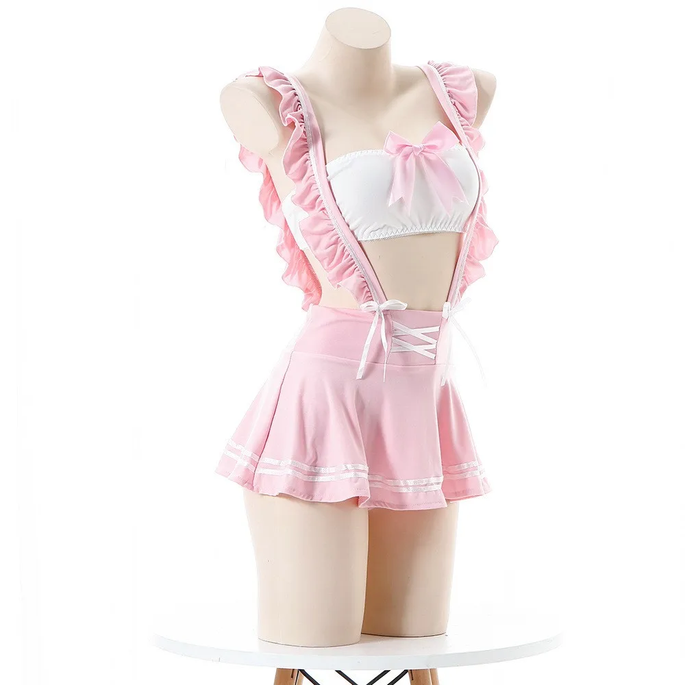 Sexy Lingerie School Girl Babydoll Bow Tube Dress Cosplay JK Costume Student Uniform Miniskirt Women Backless Lolita Ruffle Suit