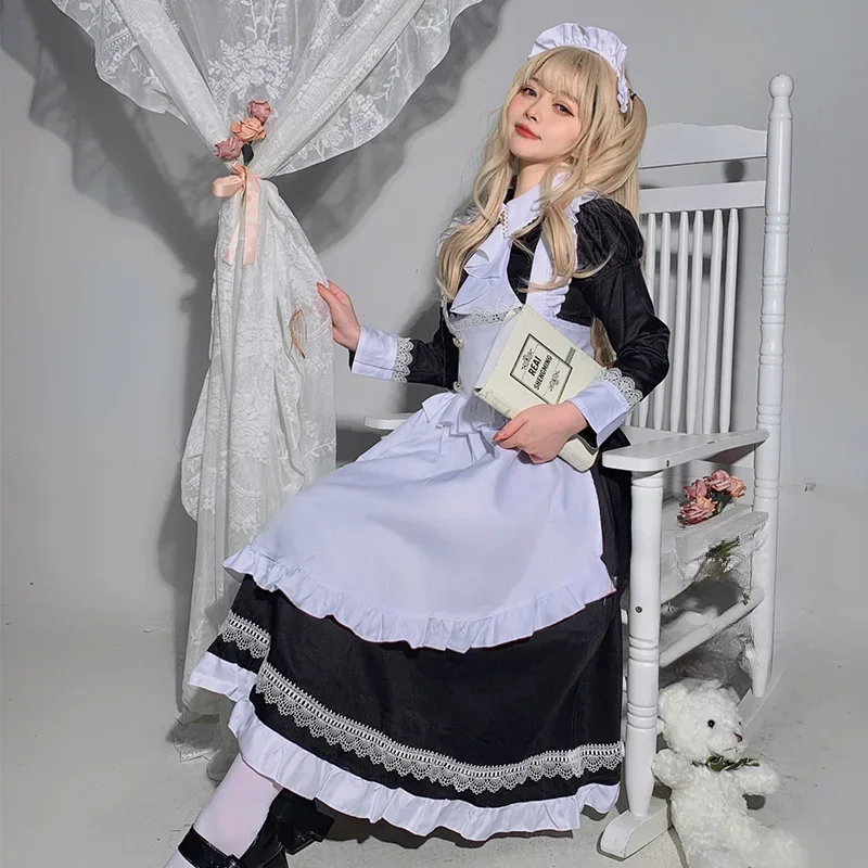 British Aristocracy Cosplay Costumes Women Plus Size Long Sleeve Maid Dress Japanese Kawaii Lace Waitress Coffee Maid Uniform