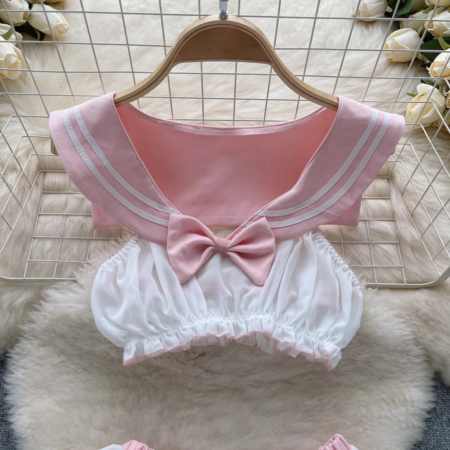 Sweet Cute Pink Suit Sleeveless Ruffle Slim Crop Top 2-Piece Set Roleplay Sexy Girl Pajama Casual Elastic Waist Pleat Mini Skirt