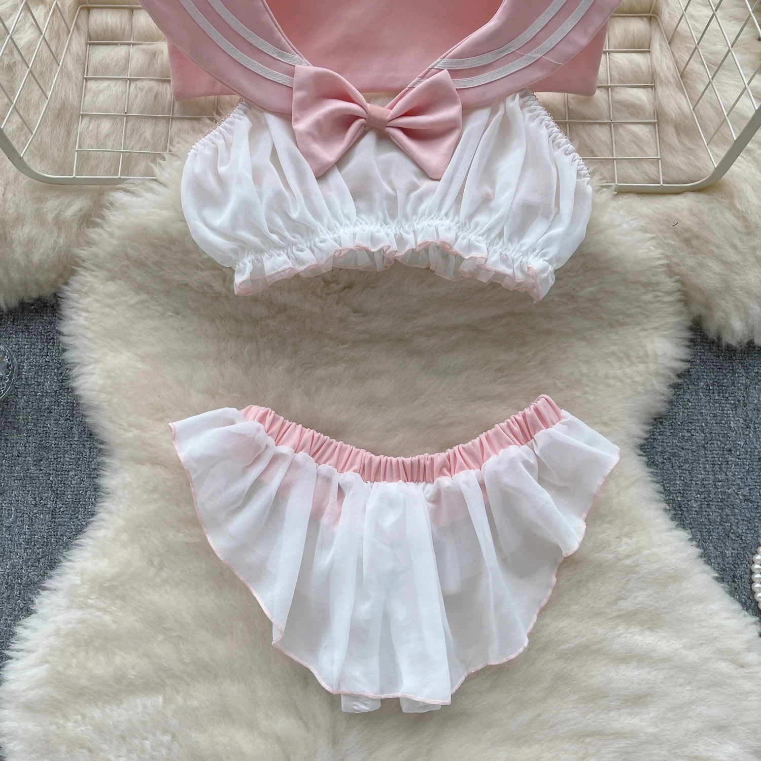 Sweet Cute Pink Suit Sleeveless Ruffle Slim Crop Top 2-Piece Set Roleplay Sexy Girl Pajama Casual Elastic Waist Pleat Mini Skirt