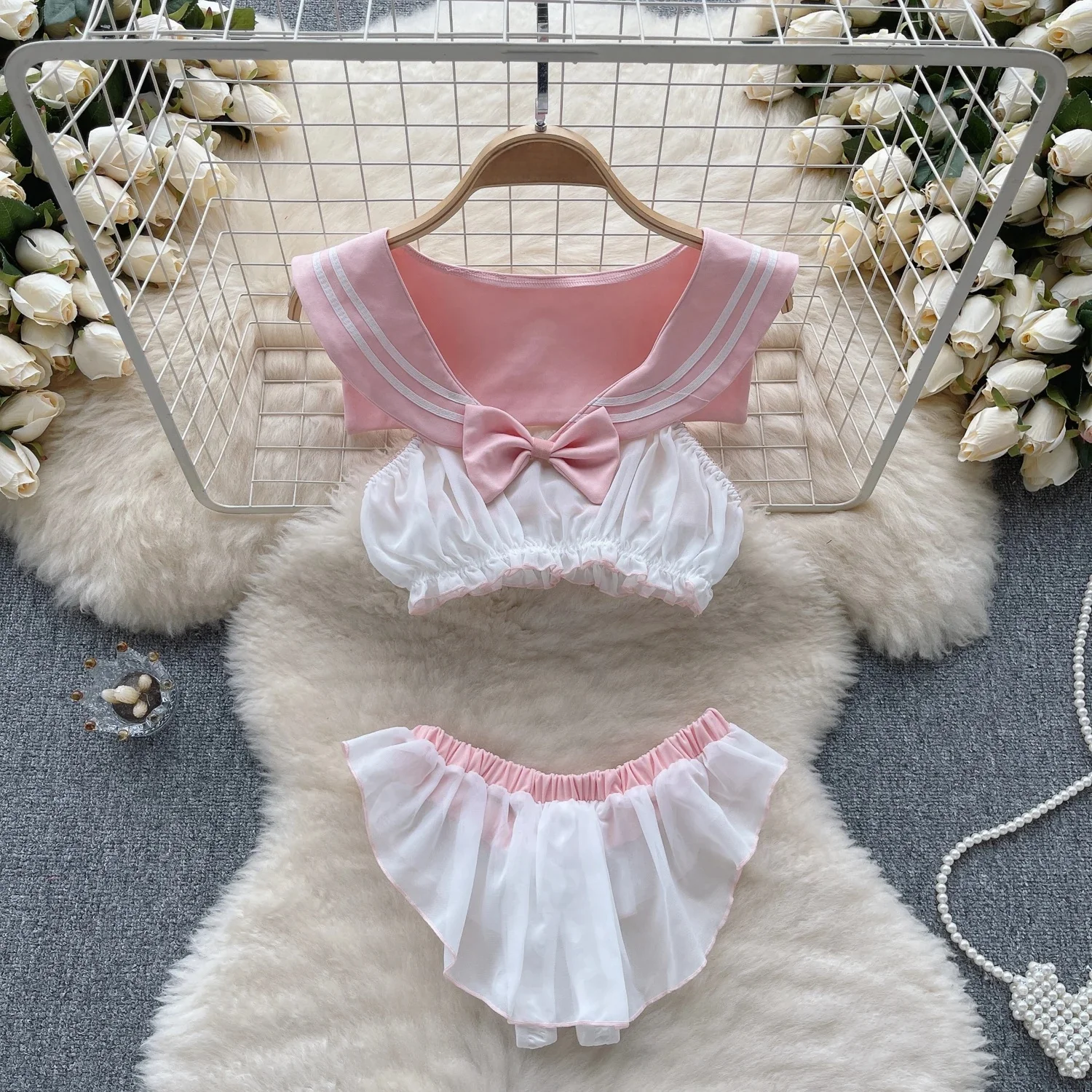 Sweet Cute Pink Suit Sleeveless Ruffle Slim Crop Top 2-Piece Set Roleplay Sexy Girl Pajama Casual Elastic Waist Pleat Mini Skirt