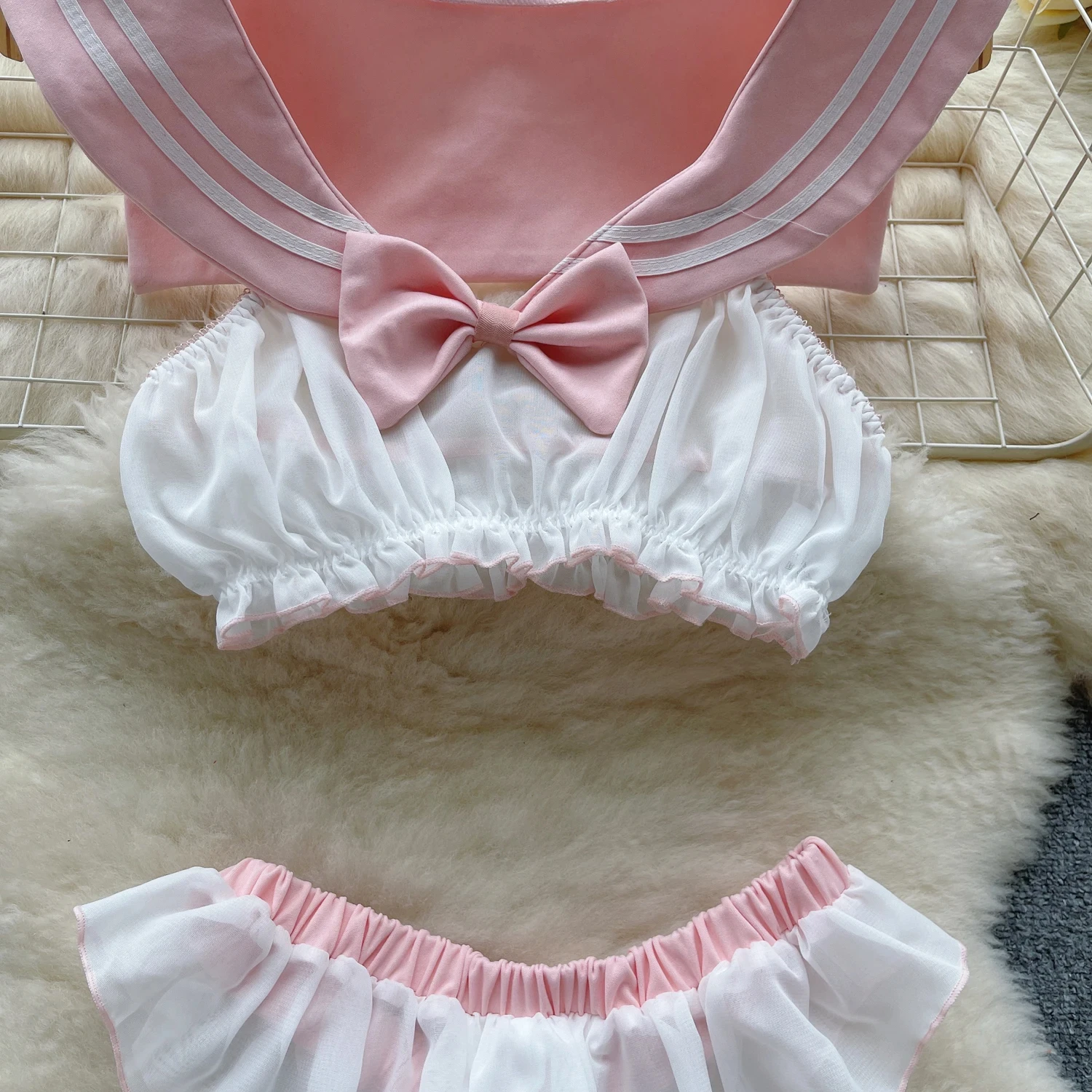 Sweet Cute Pink Suit Sleeveless Ruffle Slim Crop Top 2-Piece Set Roleplay Sexy Girl Pajama Casual Elastic Waist Pleat Mini Skirt