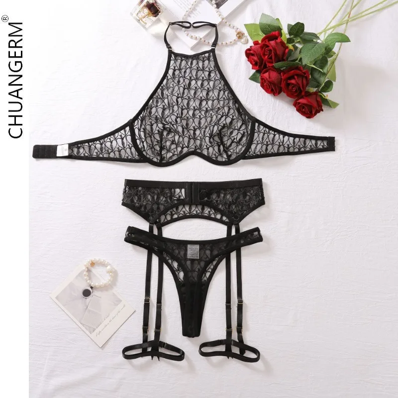 CHUANGERM Gather Female Underwear for Women Embroidery Lace Bra Net Women's Clothing Set Secret Four Four Sets Lingerie Sexy