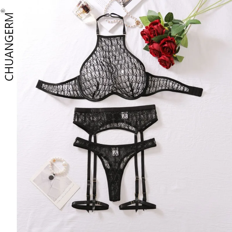 CHUANGERM Gather Female Underwear for Women Embroidery Lace Bra Net Women's Clothing Set Secret Four Four Sets Lingerie Sexy