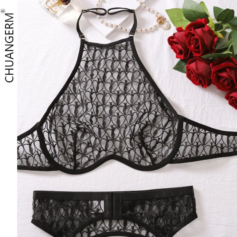 CHUANGERM Gather Female Underwear for Women Embroidery Lace Bra Net Women's Clothing Set Secret Four Four Sets Lingerie Sexy