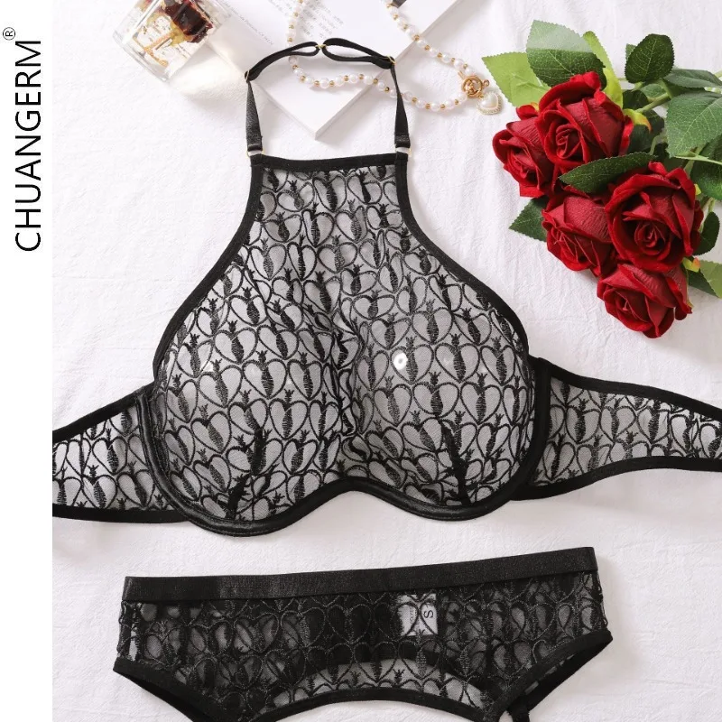 CHUANGERM Gather Female Underwear for Women Embroidery Lace Bra Net Women's Clothing Set Secret Four Four Sets Lingerie Sexy