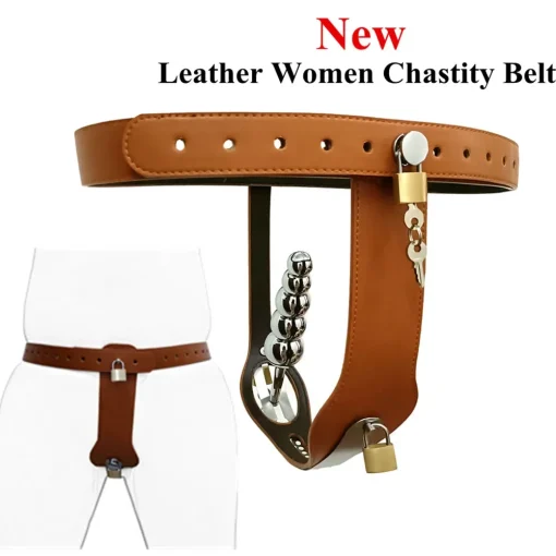 Cinto de Castidade Feminino Couro Com Plugue Anal T-Shaped Leather Female Chastity Belt