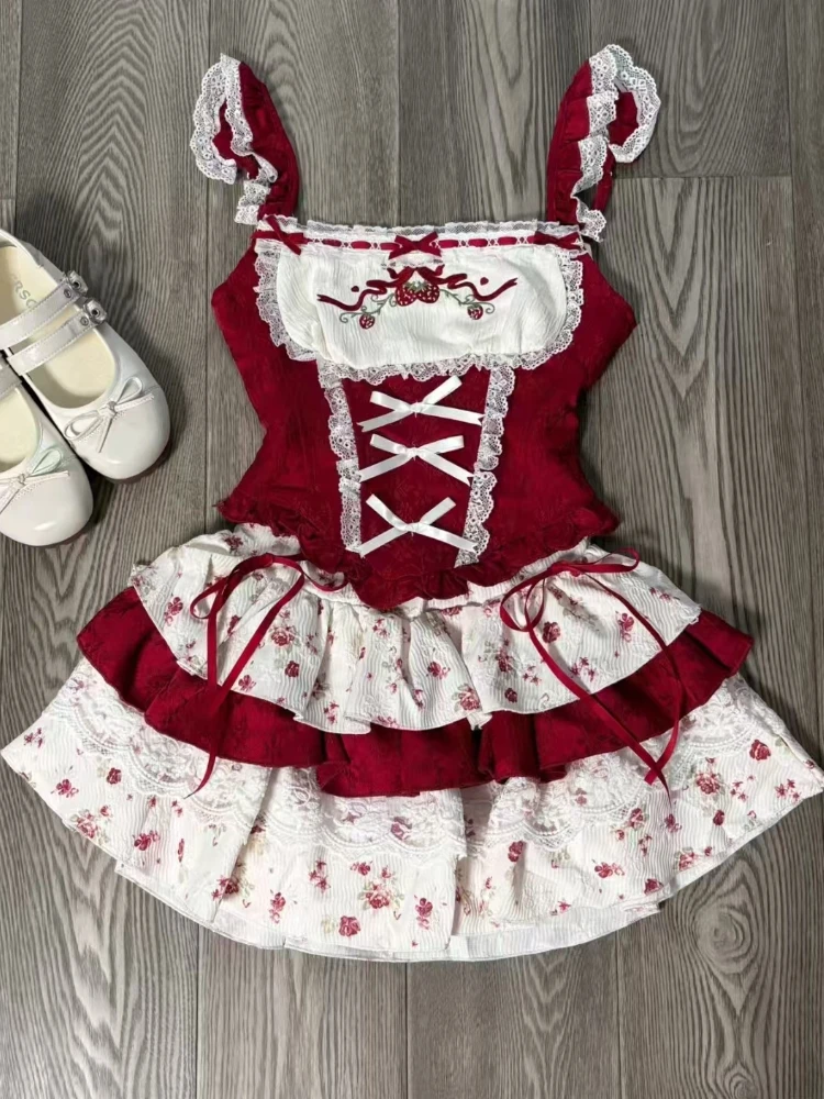 France Vintage Slim Square Neck Print 2 Piece Set Women Sweet Cute Lace Bow Patchwork Tops Female + High Waist Short Skirt 2024