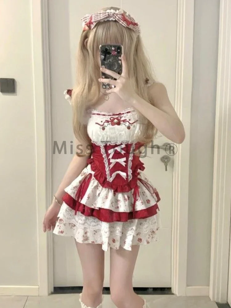 France Vintage Slim Square Neck Print 2 Piece Set Women Sweet Cute Lace Bow Patchwork Tops Female + High Waist Short Skirt 2024