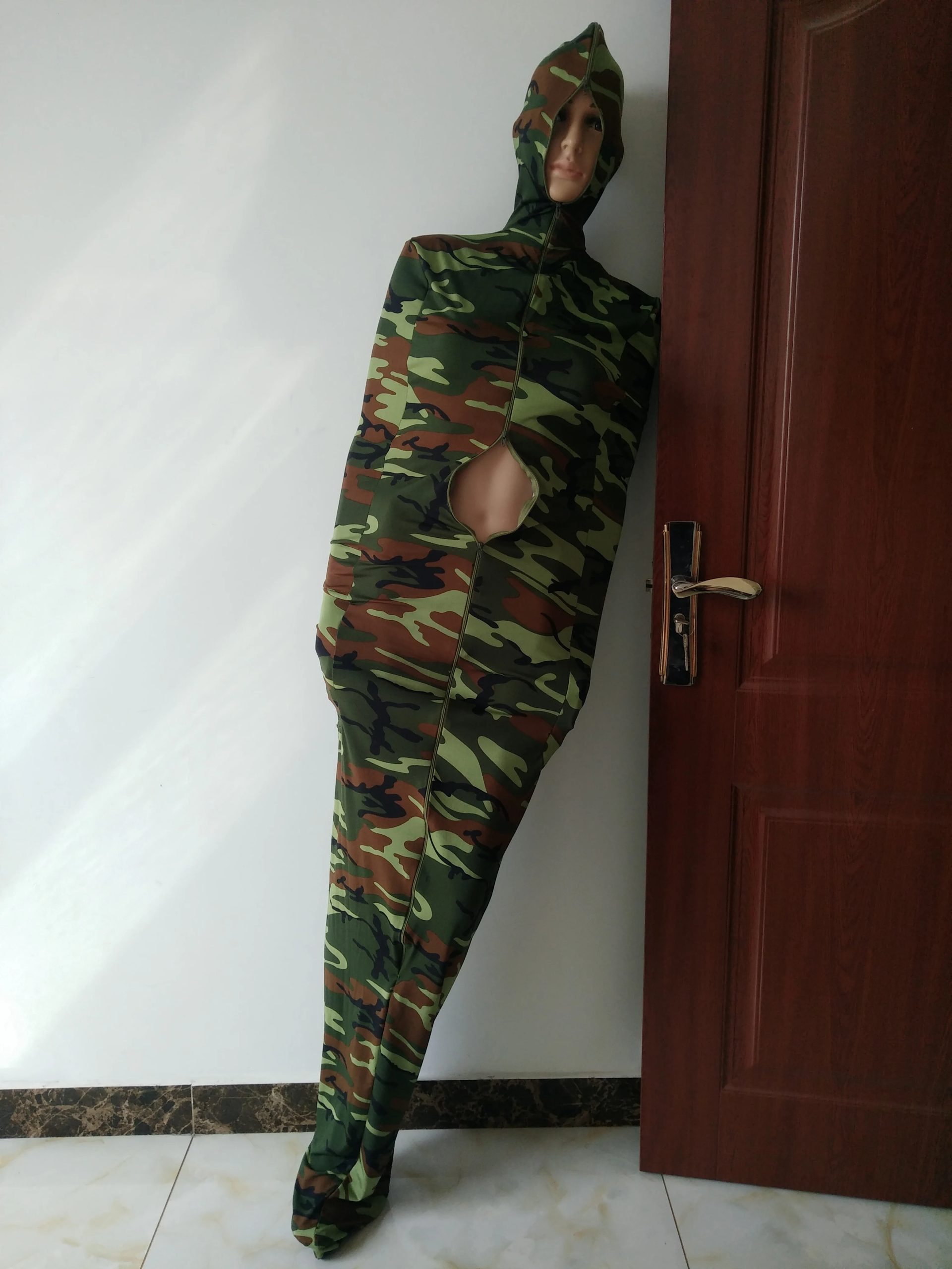 High Quality Army green camo Mummy Bag Spandex Zentai Suit With Internal Arm Sleeves Cosplay Suit