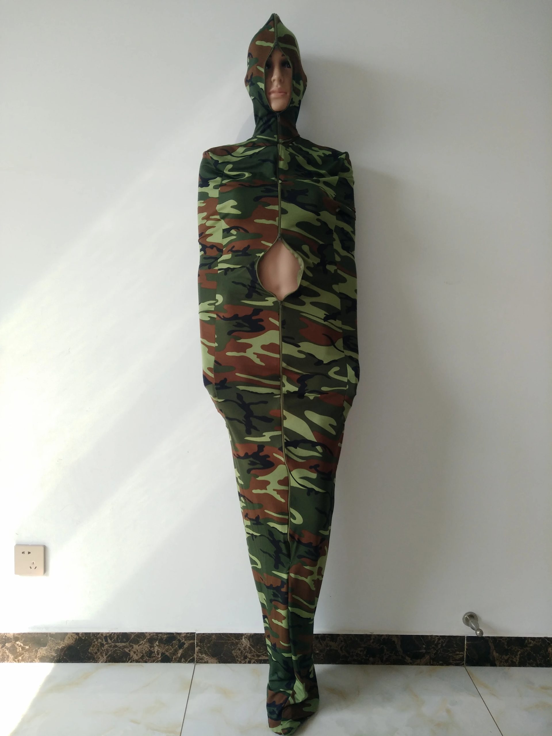 High Quality Army green camo Mummy Bag Spandex Zentai Suit With Internal Arm Sleeves Cosplay Suit