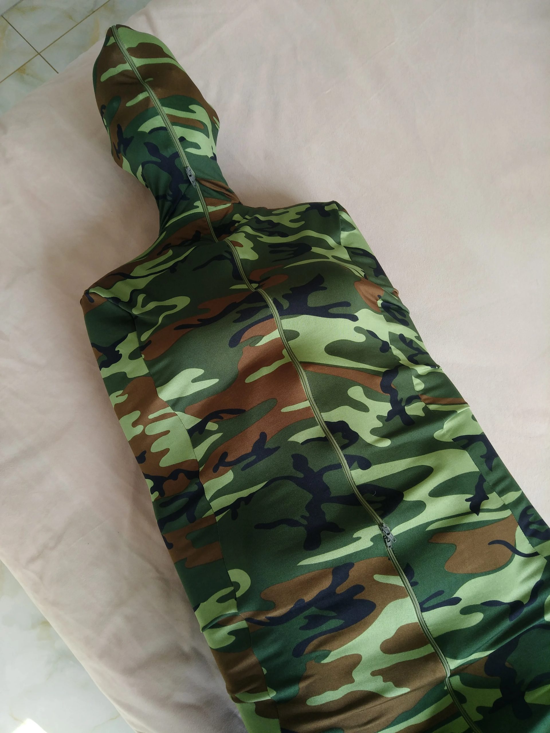 High Quality Army green camo Mummy Bag Spandex Zentai Suit With Internal Arm Sleeves Cosplay Suit